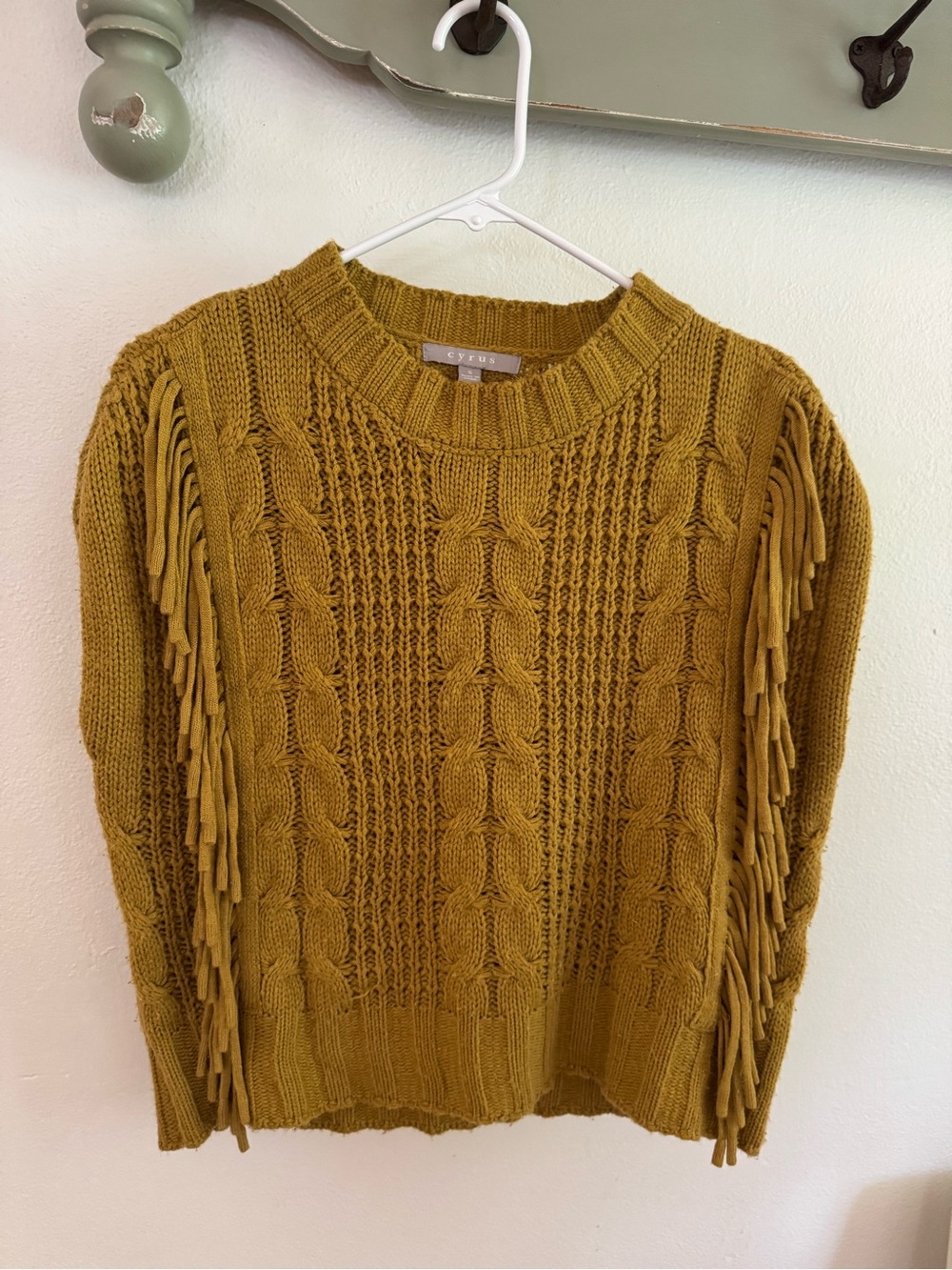 Cyrus Mustard Cable-Knit Fringe Crew Sweater